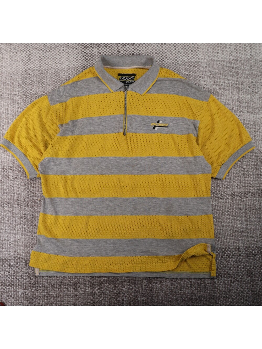 Boss by I.G. Design Polo Shirt Mens L Yellow Grey Striped Zip Mesh Short Sleeve